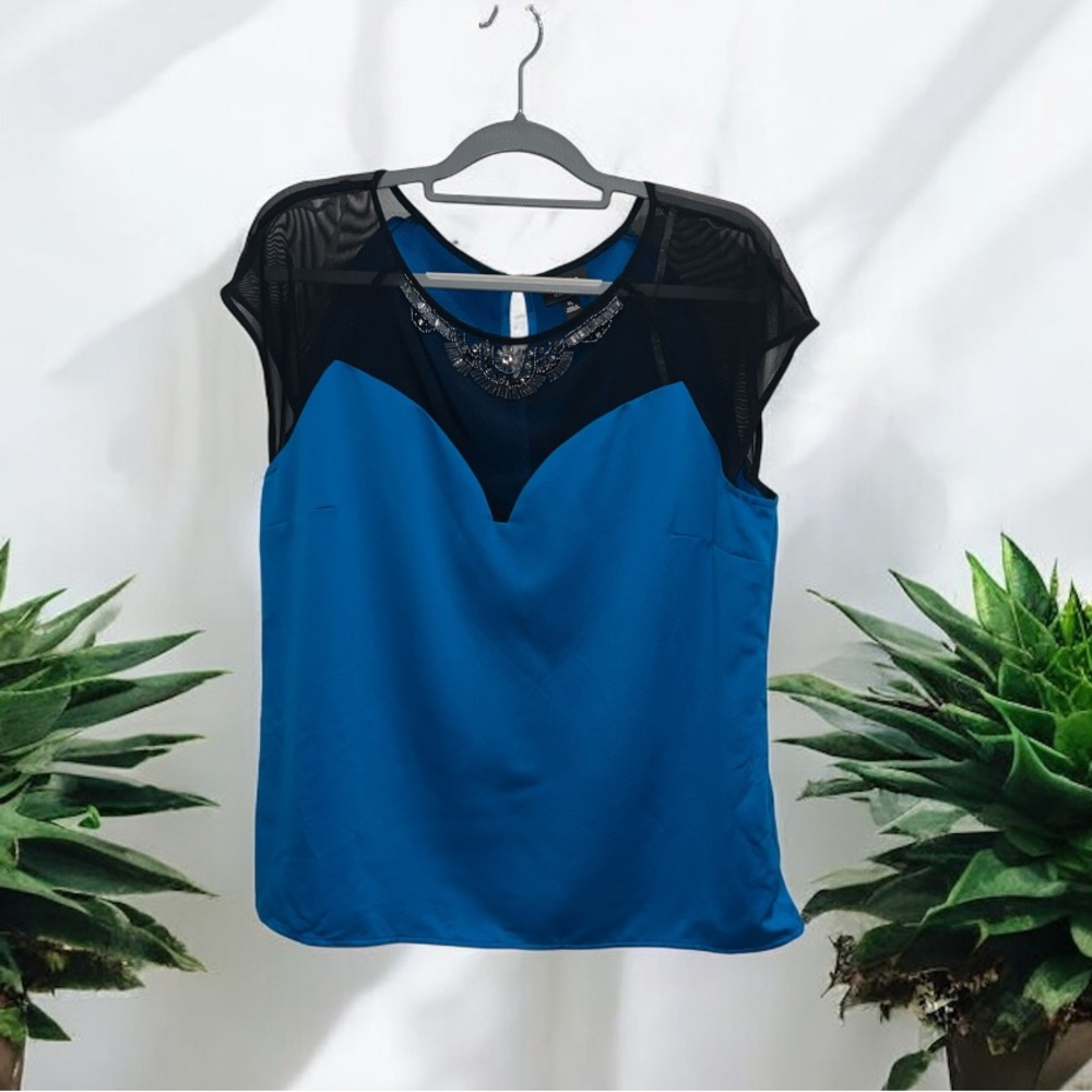Nicole By Nicole Miller Women’s Mesh Panel Teal Embellished Top Size XL Blouse